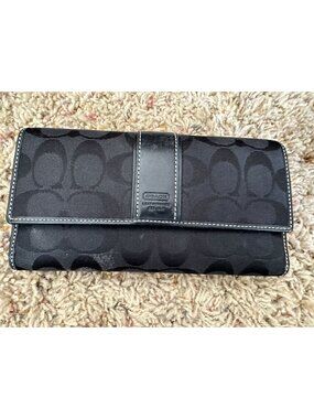 Coach Signature Black Canvas Leather Wallet Envelope Snap Closure Organizer Styl
